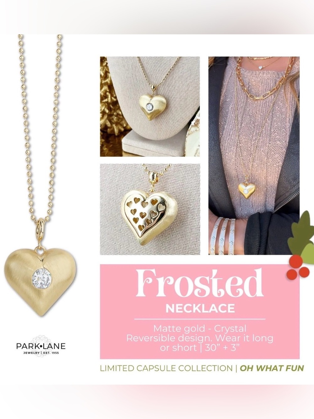 Park Lane Frosted Necklace Matte Gold Heart Pendant with Crystal Accent